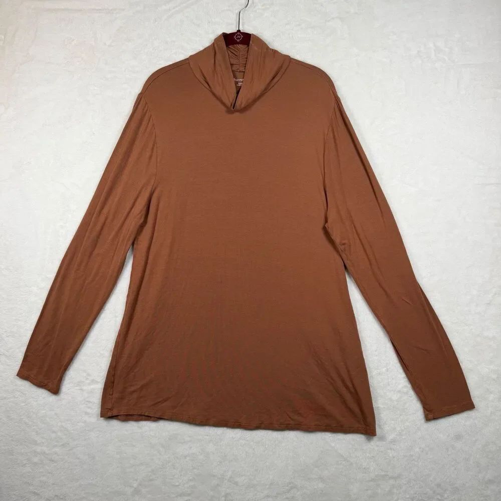 Soft Surroundings XL Brown Ruched Cowl Neck Long Sleeve Stretch Tunic Top Rayon